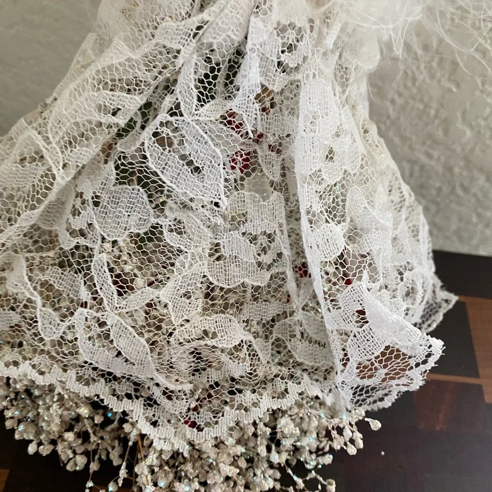 VTG Angel Feather Wings Porcelain Face Ornament Lace Dress Roses Baby Breath 8”L